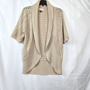 Sonoma Women Beige Open Boho Crochet Pointelle Knit Short Sleeve Cardigan Medium